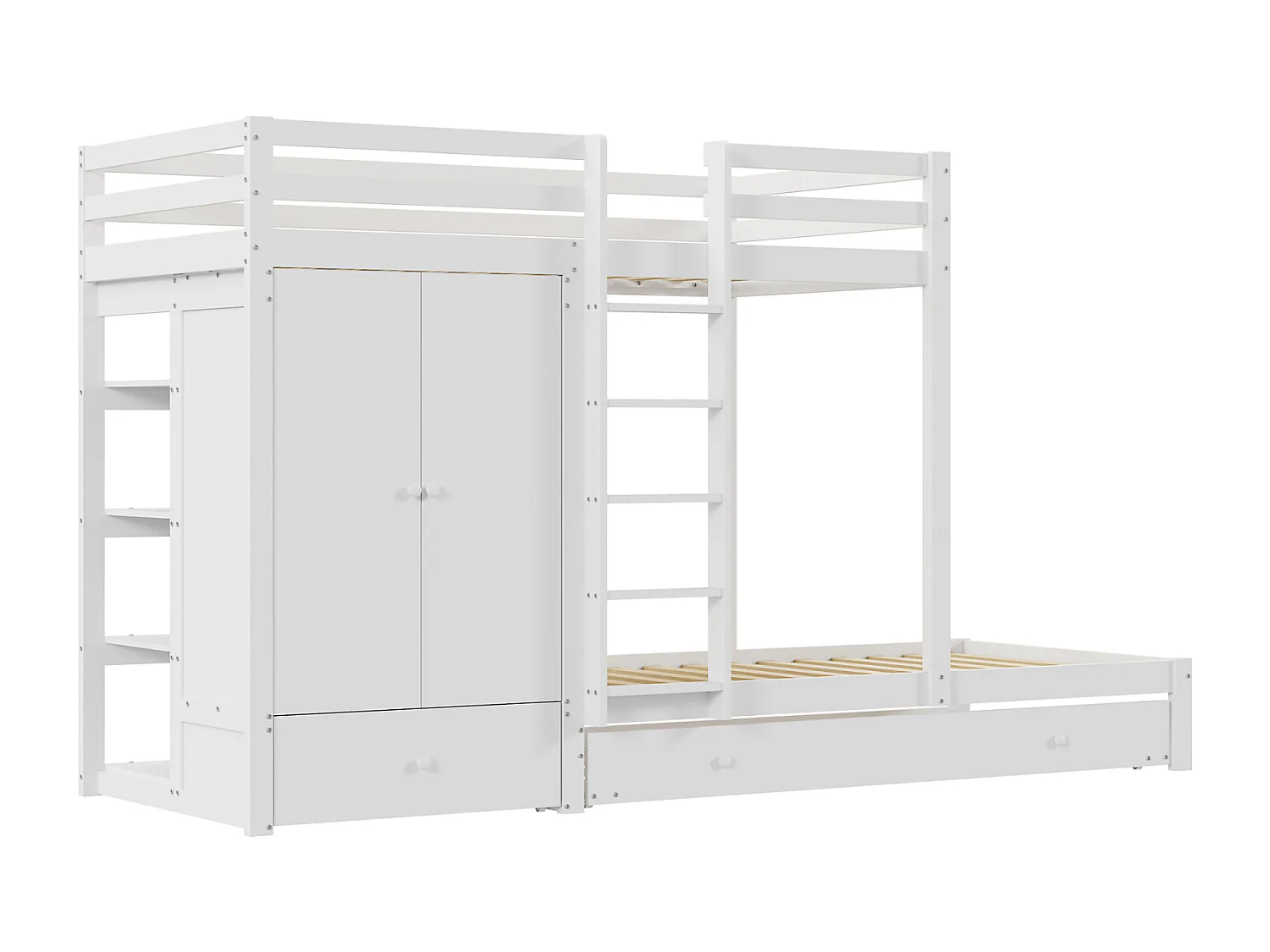 Lit superposé 90x200cm, lit enfant avec lit gigogne 90x190cm, armoire, échelle, tiroirs et compartiment de rangement, blanc