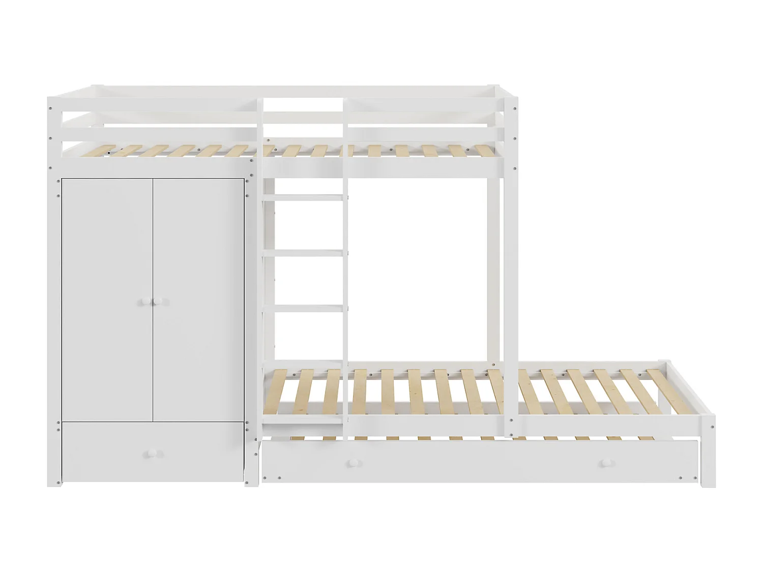 Lit superposé 90x200cm, lit enfant avec lit gigogne 90x190cm, armoire, échelle, tiroirs et compartiment de rangement, blanc