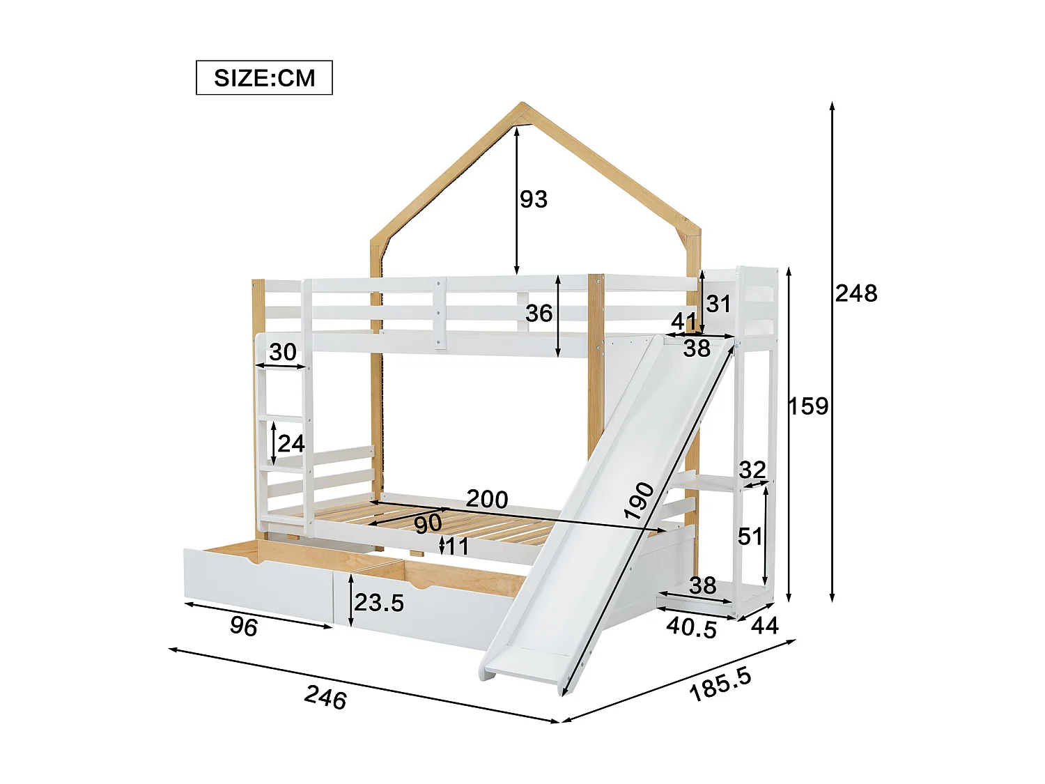 Beliche 90x200cm, cama cabine infantil com faixa LED, estrado de ripas, prateleiras, escorrega, prateleira e 2 gavetas, pinho + MDF, branco + natural