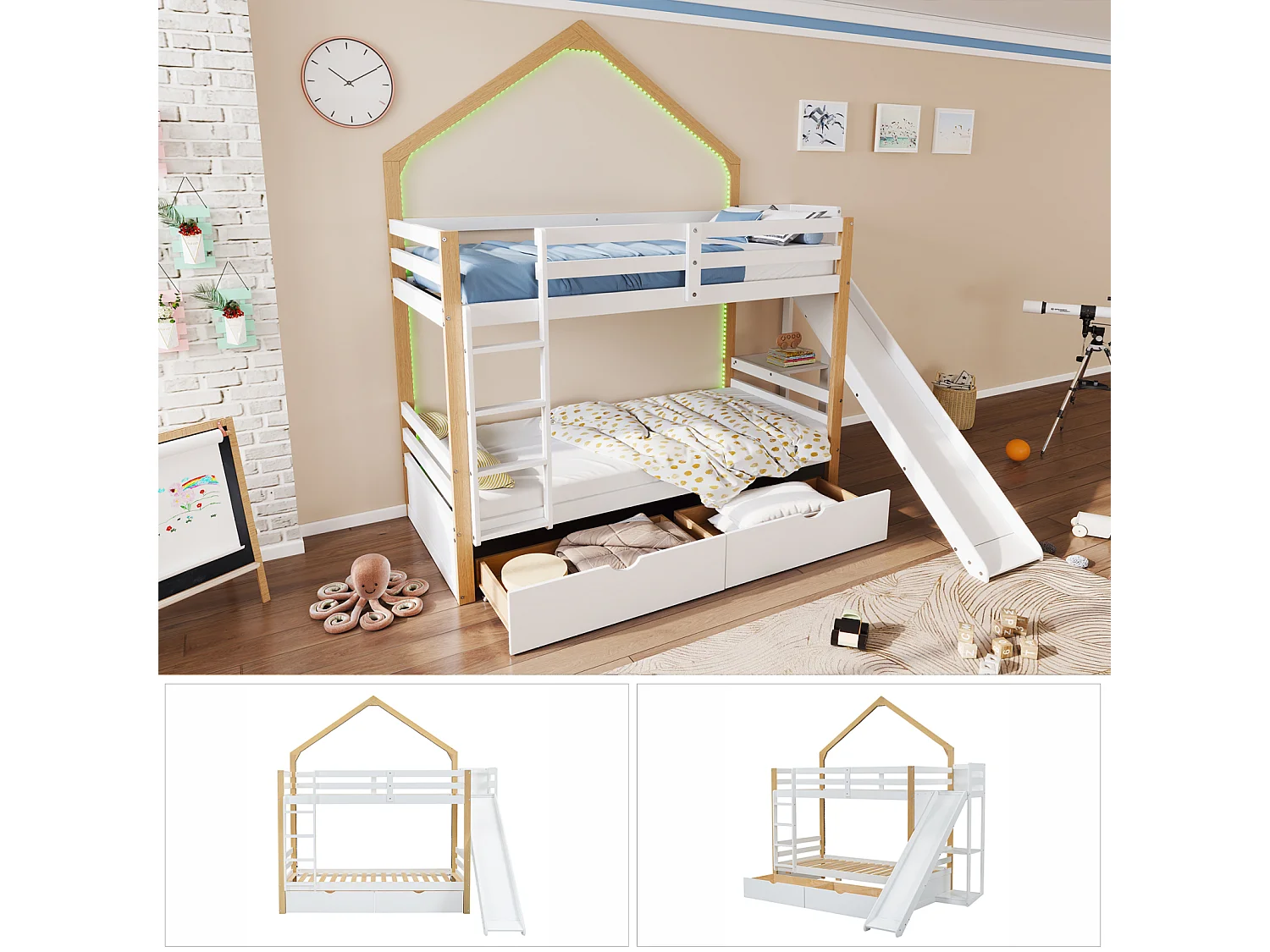 Beliche 90x200cm, cama cabine infantil com faixa LED, estrado de ripas, prateleiras, escorrega, prateleira e 2 gavetas, pinho + MDF, branco + natural