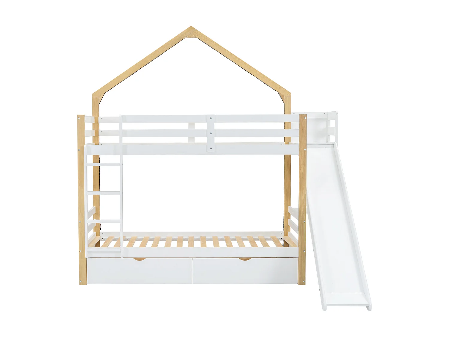 Beliche 90x200cm, cama cabine infantil com faixa LED, estrado de ripas, prateleiras, escorrega, prateleira e 2 gavetas, pinho + MDF, branco + natural