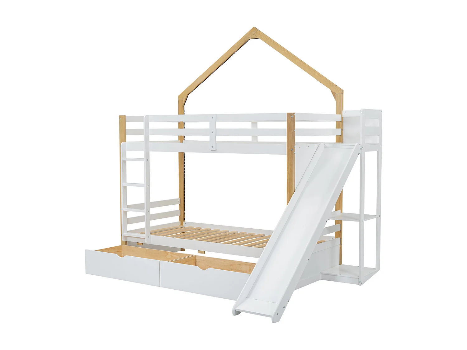 Beliche 90x200cm, cama cabine infantil com faixa LED, estrado de ripas, prateleiras, escorrega, prateleira e 2 gavetas, pinho + MDF, branco + natural