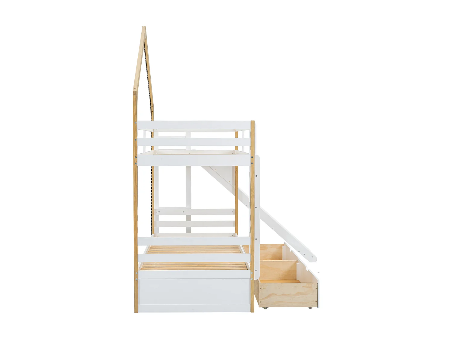 Beliche 90x200cm, cama cabine infantil com faixa LED, estrado de ripas, prateleiras, escorrega, prateleira e 2 gavetas, pinho + MDF, branco + natural