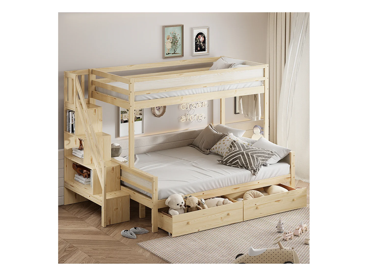 Lit superposé enfnat 90x200+140x200cm, avec sommier à lattes, escalier et étagères rangements, 2 tiroirs, en bois Naturel