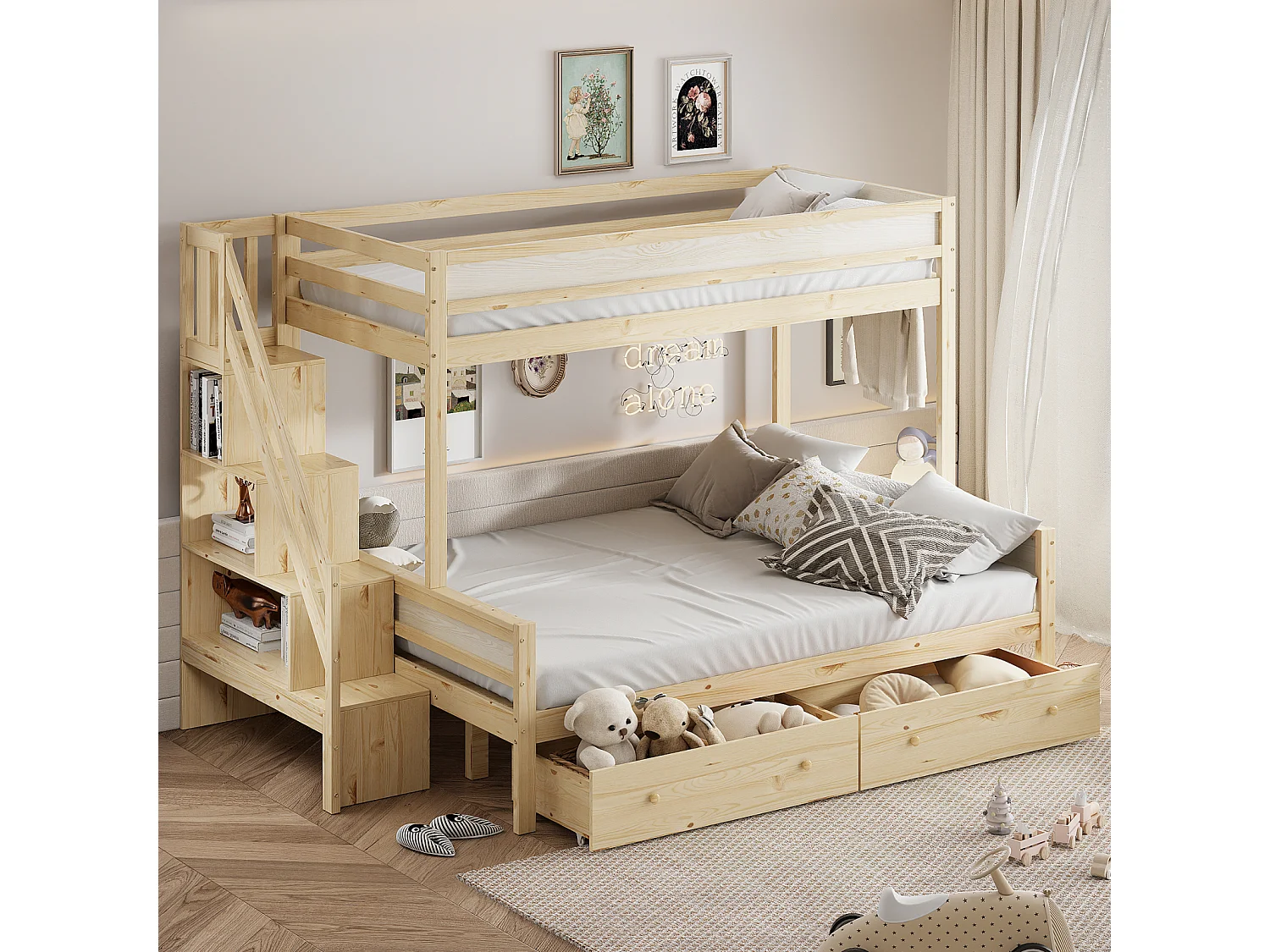Lit superposé enfnat 90x200+140x200cm, avec sommier à lattes, escalier et étagères rangements, 2 tiroirs, en bois Naturel