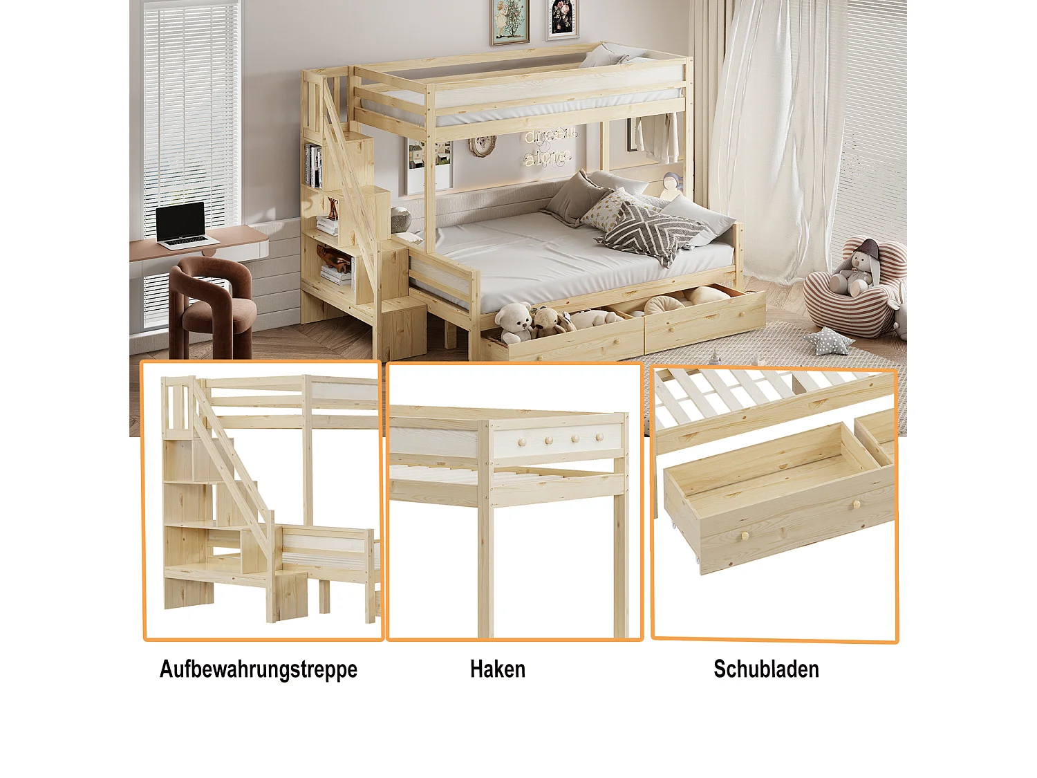 Lit superposé enfnat 90x200+140x200cm, avec sommier à lattes, escalier et étagères rangements, 2 tiroirs, en bois Naturel