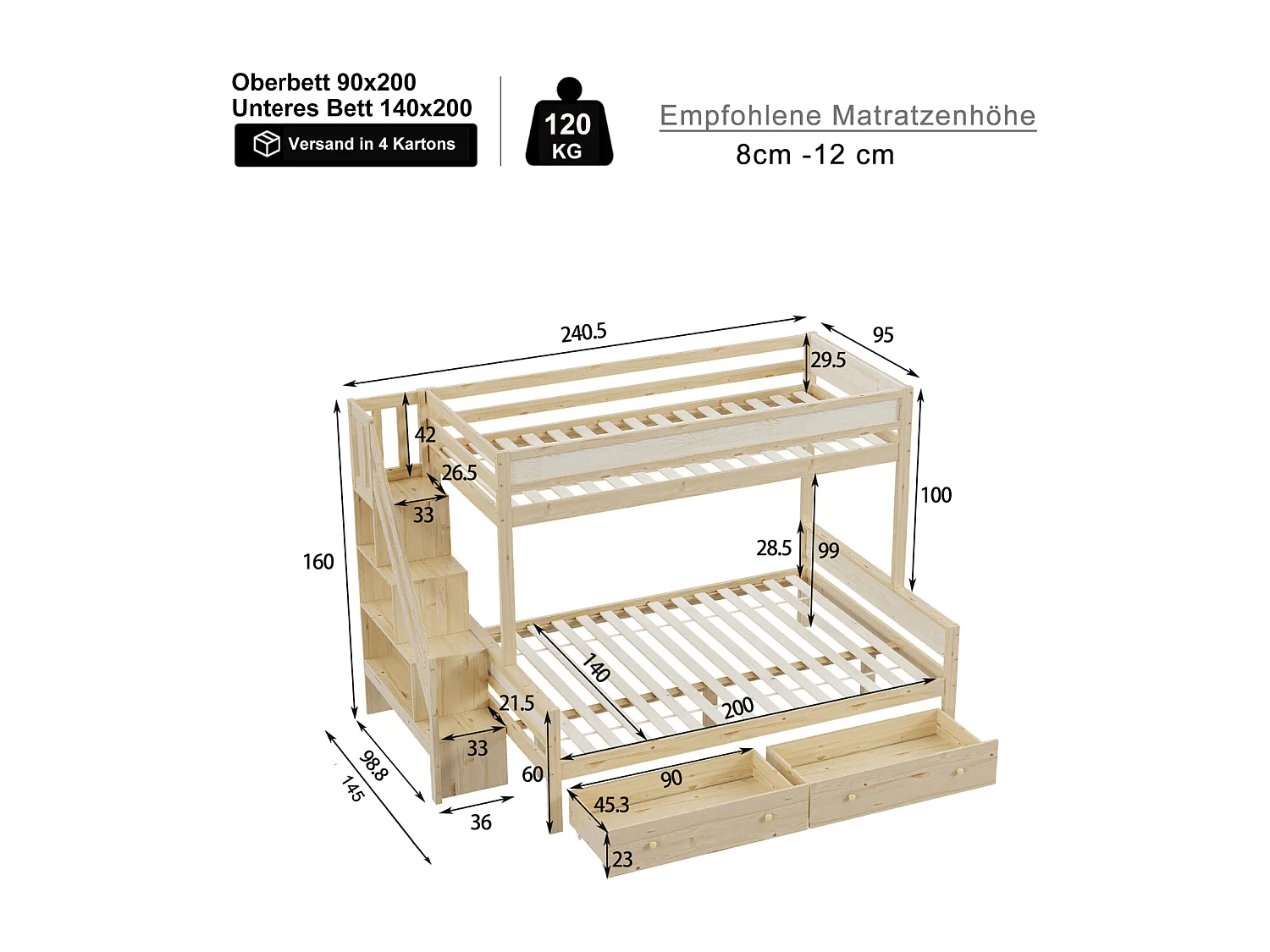 Lit superposé enfnat 90x200+140x200cm, avec sommier à lattes, escalier et étagères rangements, 2 tiroirs, en bois Naturel