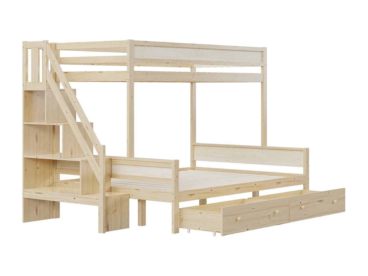 Lit superposé enfnat 90x200+140x200cm, avec sommier à lattes, escalier et étagères rangements, 2 tiroirs, en bois Naturel