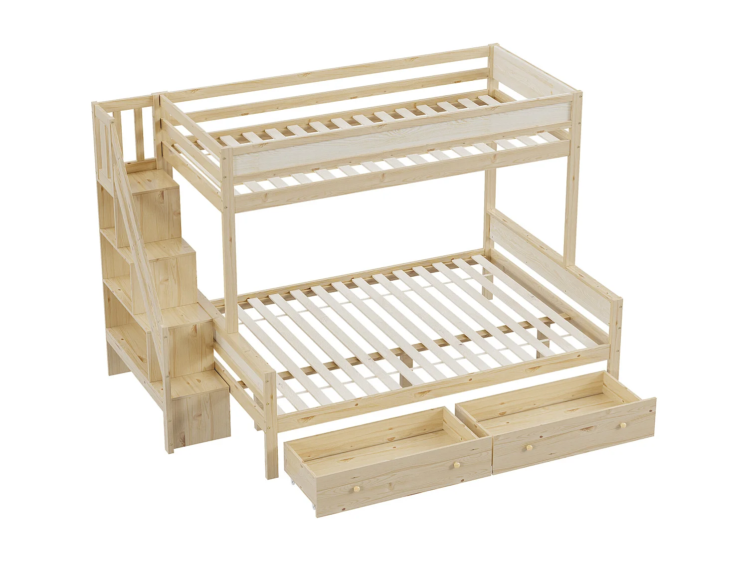 Lit superposé enfnat 90x200+140x200cm, avec sommier à lattes, escalier et étagères rangements, 2 tiroirs, en bois Naturel