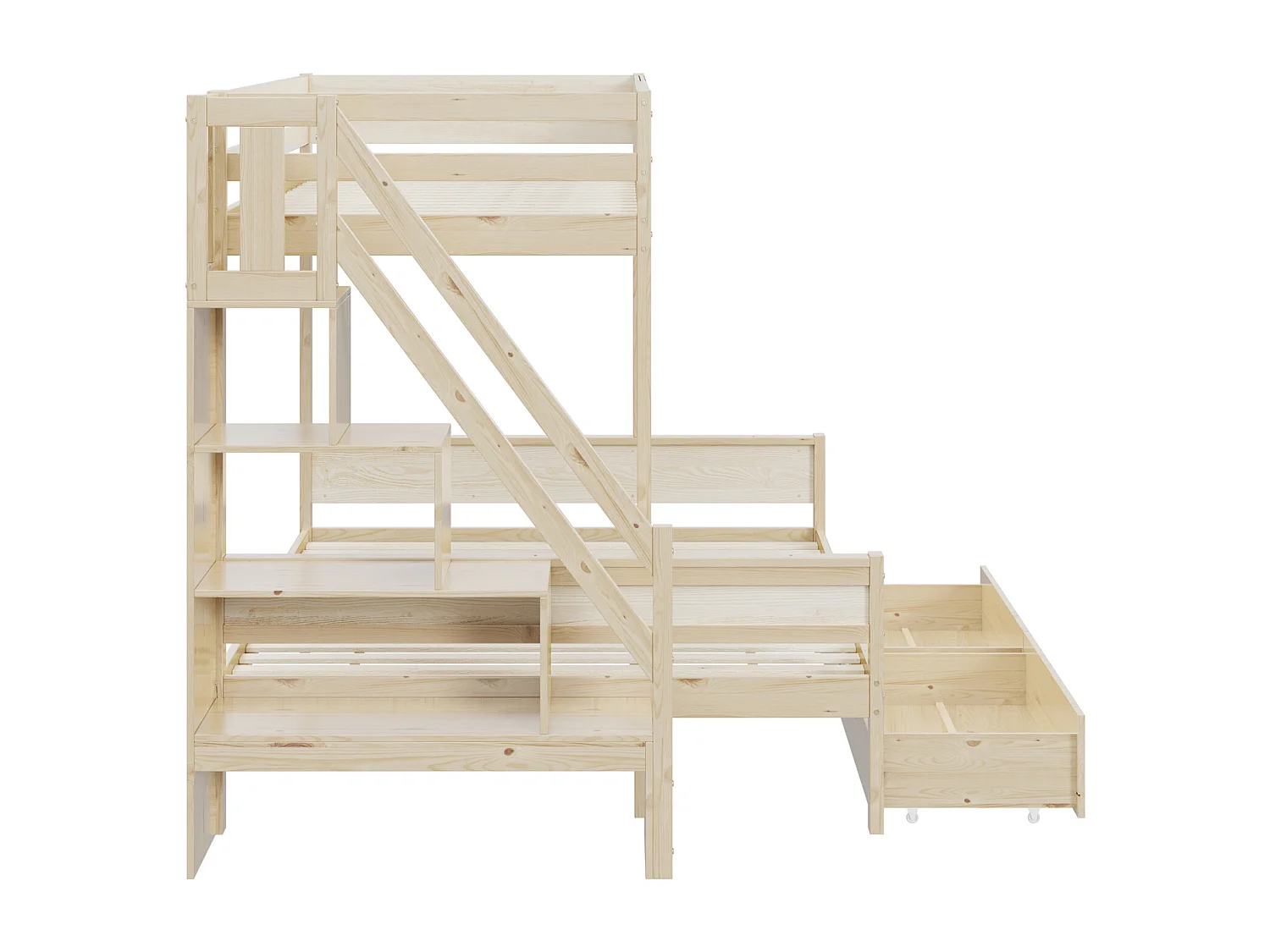 Lit superposé enfnat 90x200+140x200cm, avec sommier à lattes, escalier et étagères rangements, 2 tiroirs, en bois Naturel