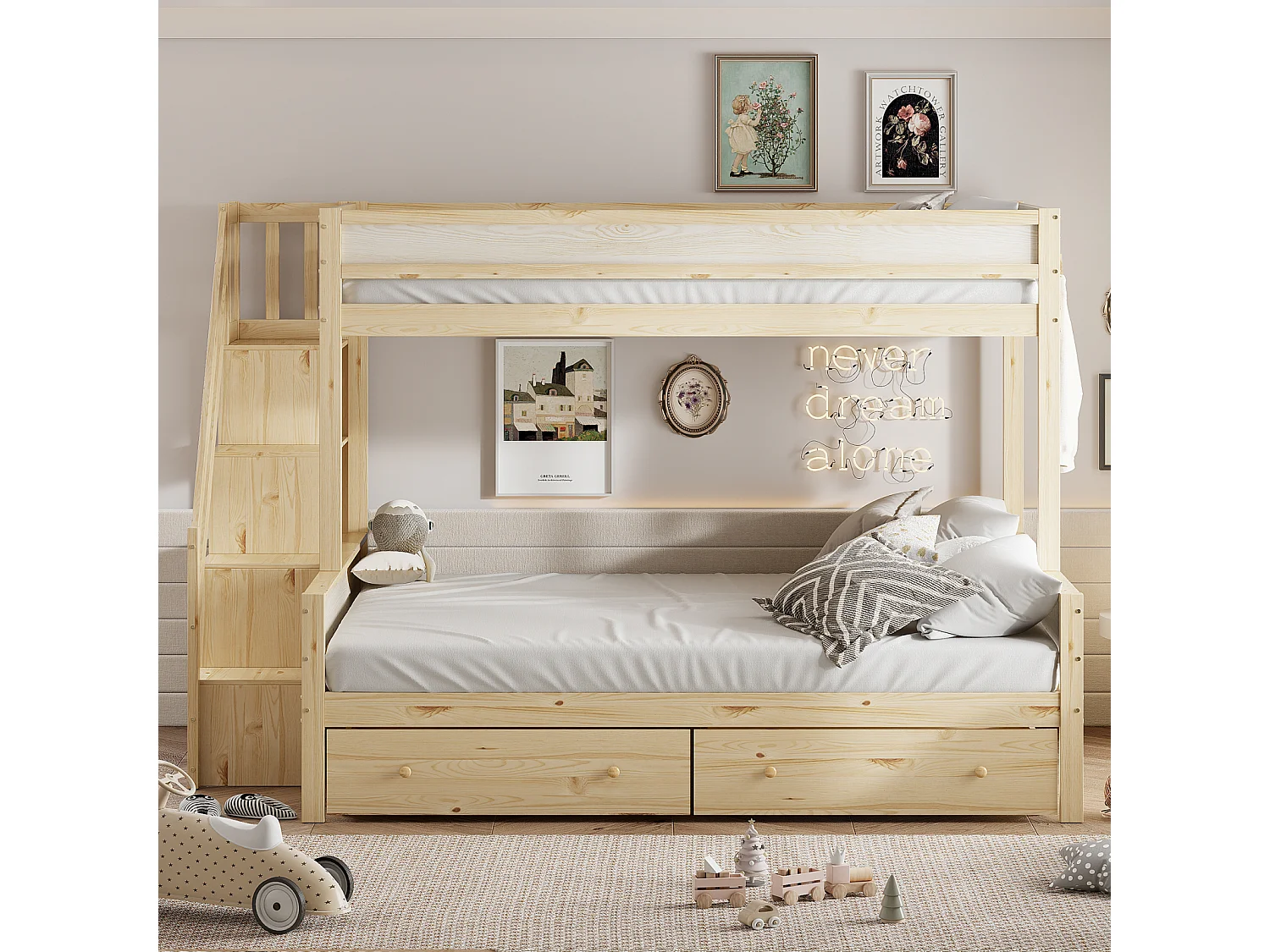 Lit superposé enfnat 90x200+140x200cm, avec sommier à lattes, escalier et étagères rangements, 2 tiroirs, en bois Naturel
