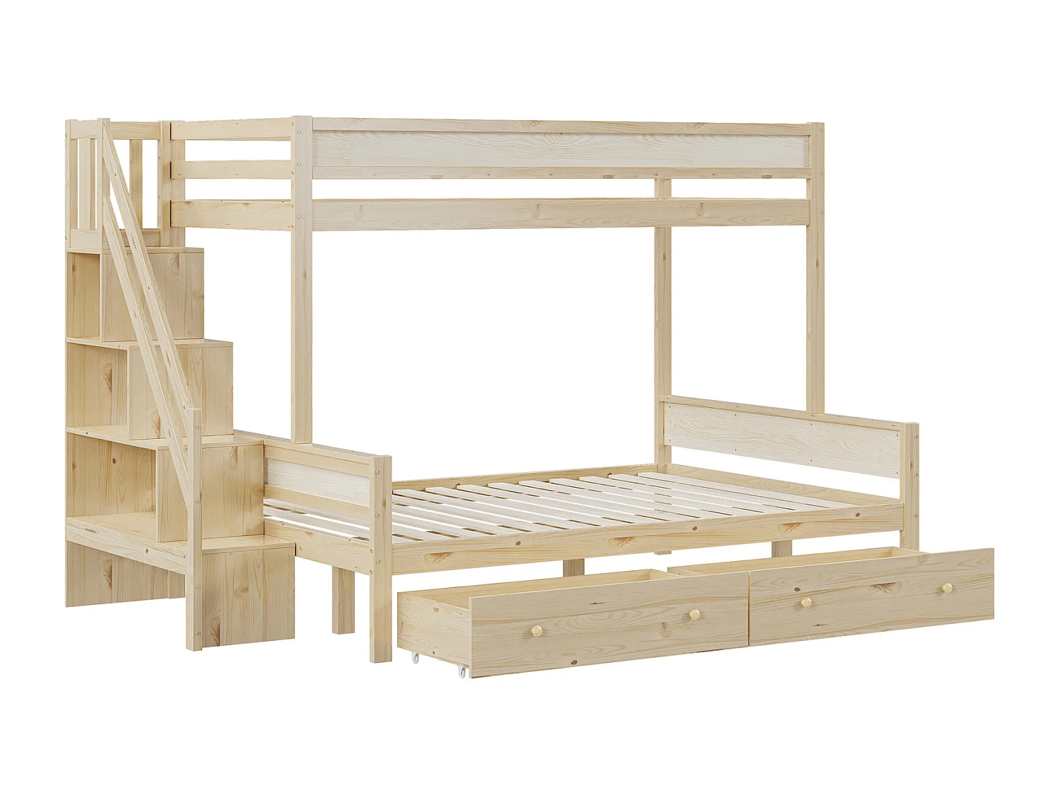 Lit superposé enfnat 90x200+140x200cm, avec sommier à lattes, escalier et étagères rangements, 2 tiroirs, en bois Naturel