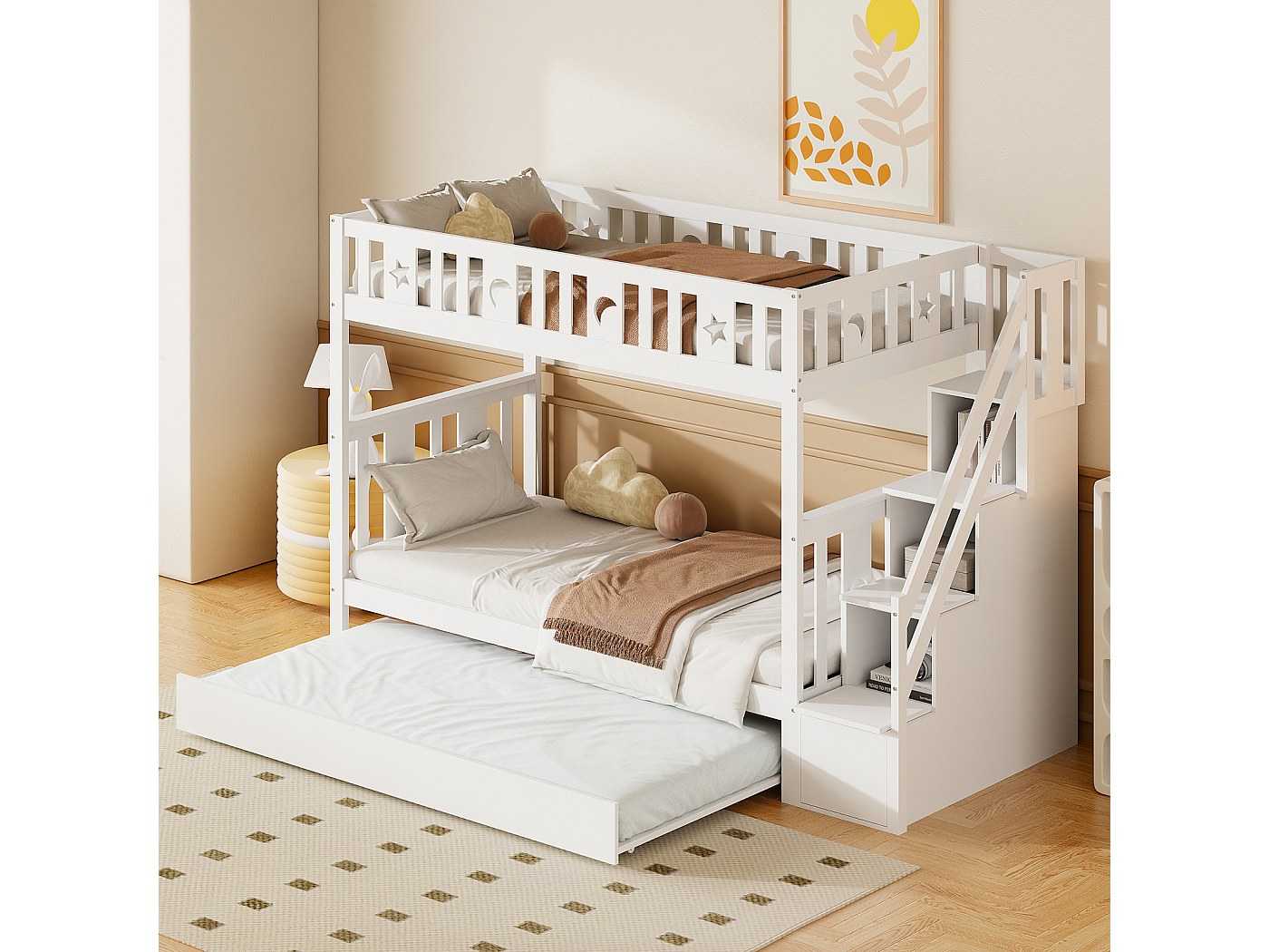 Lit Superposé 90x200cm - Avec Lit Gigogne Et 3 Tiroirs - En Bois De Pin Massif Et Mdf Blanc 97588142