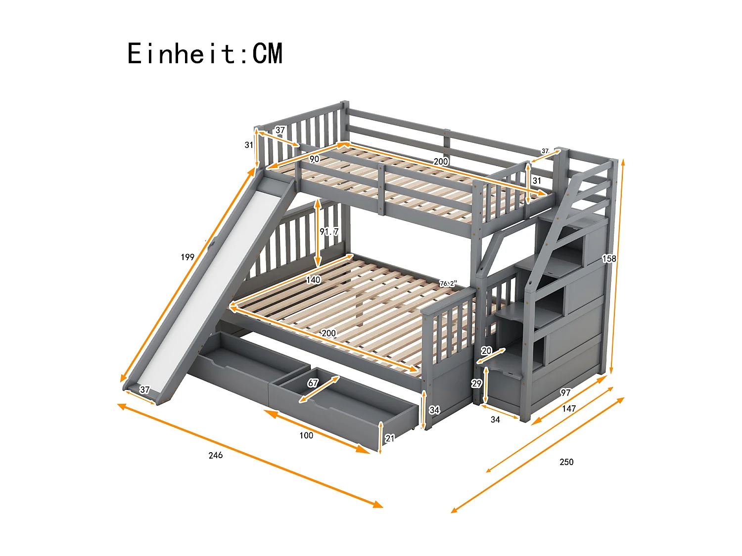 Stapelbed van massief hout - 90x200cm + 140x200cm - met opbergtrap en glijbaan - Grijs