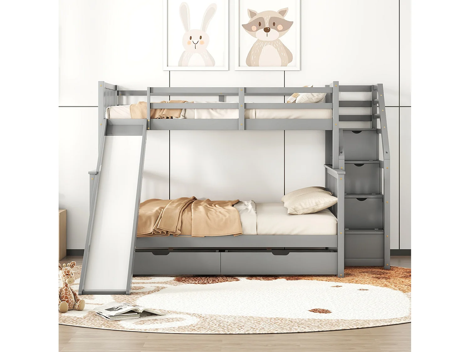 Lit superposé en bois massif - 90x200cm + 140x200cm - avec escalier de rangement et toboggan - Gris