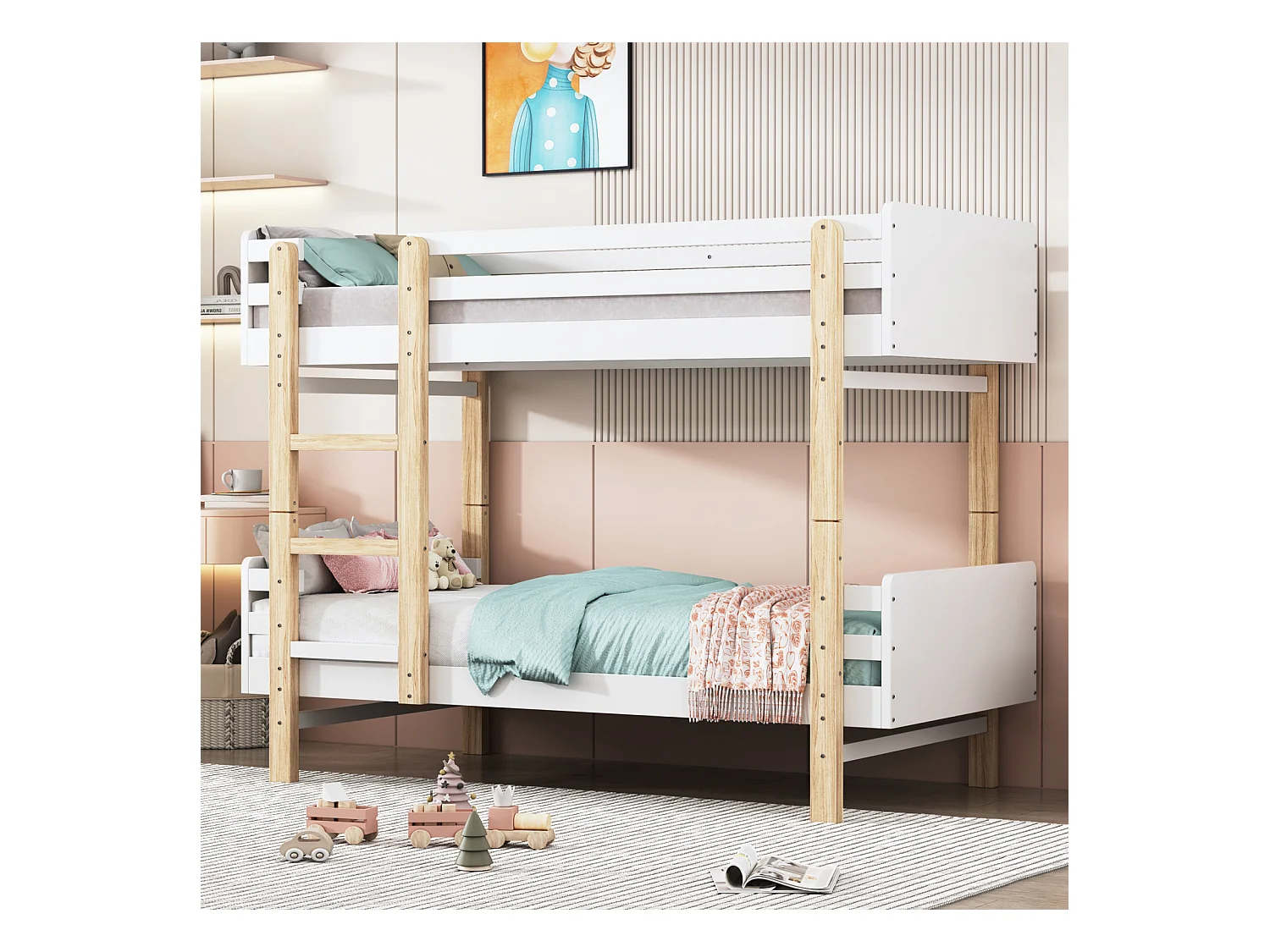Lit superposé 90x190cm, Lit enfant avec échelle, cadre de lit en bois massif, transformable en deux lits plateforme, blanc/Naturel