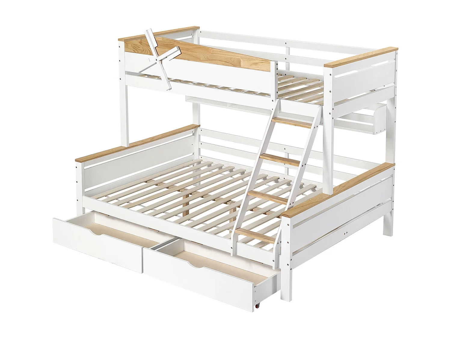 Lit superposé 90x200cm+140x200cm, avec moulin à vent, étagères, échelle et 2 tiroirs, avec grille antichute, pin+MDF, blanc+naturel