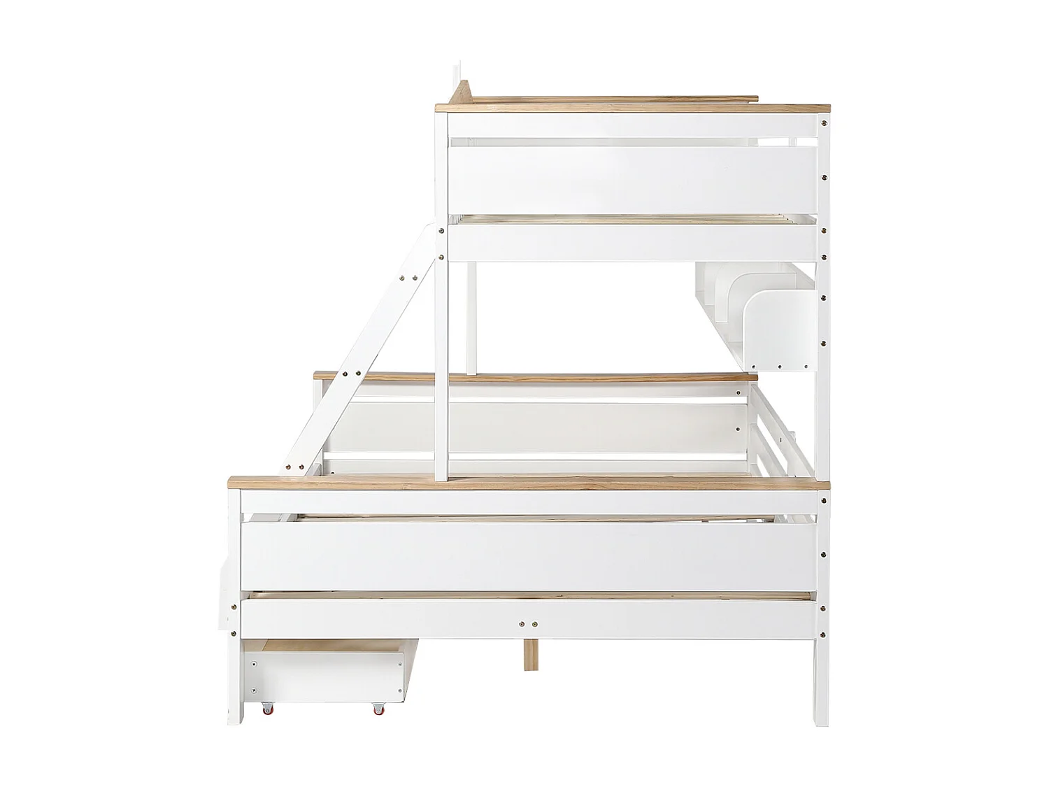 Lit superposé 90x200cm+140x200cm, avec moulin à vent, étagères, échelle et 2 tiroirs, avec grille antichute, pin+MDF, blanc+naturel