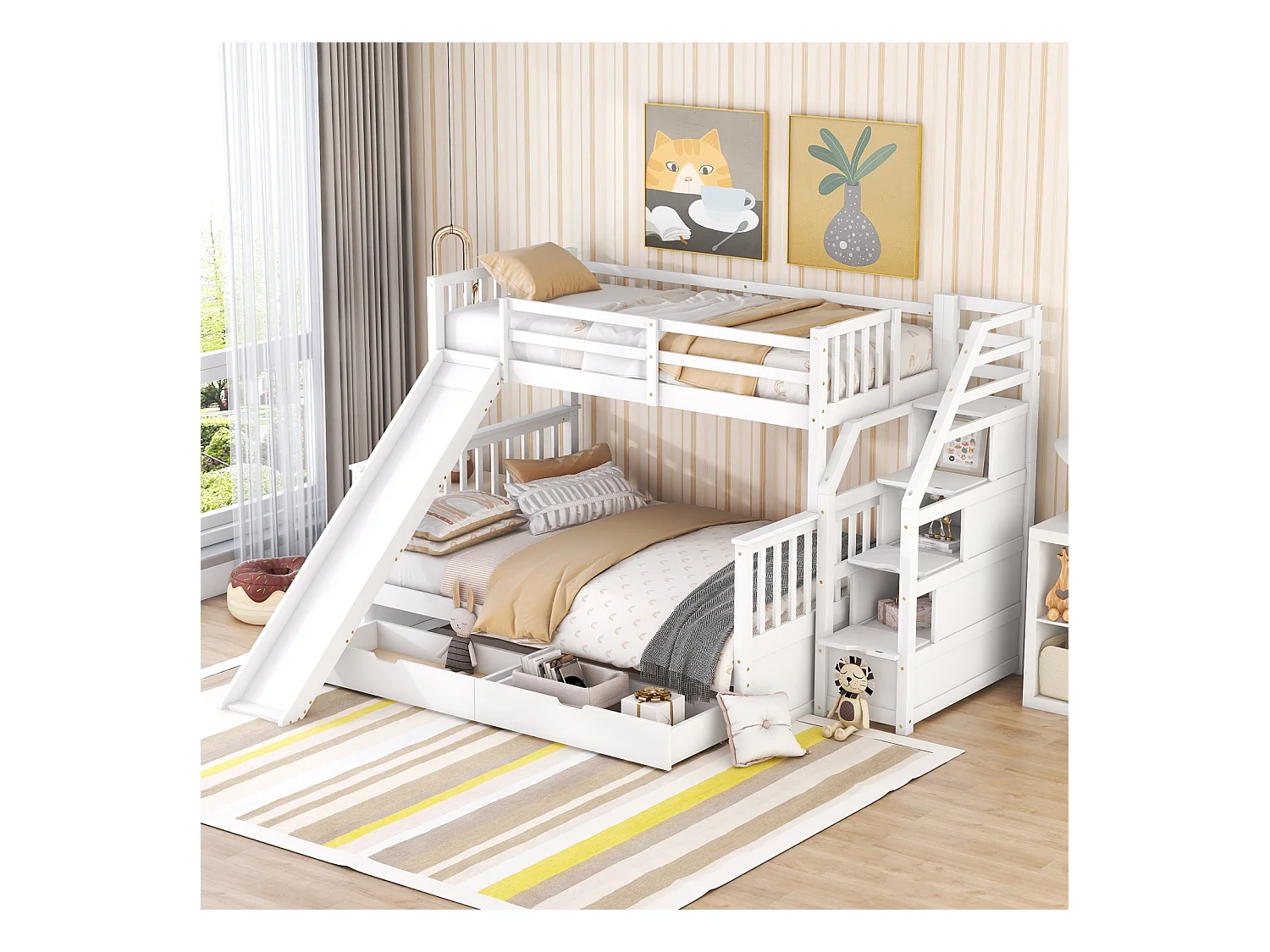 Stapelbed van massief hout - 90x200cm + 140x200cm - met opbergtrap en glijbaan - Wit