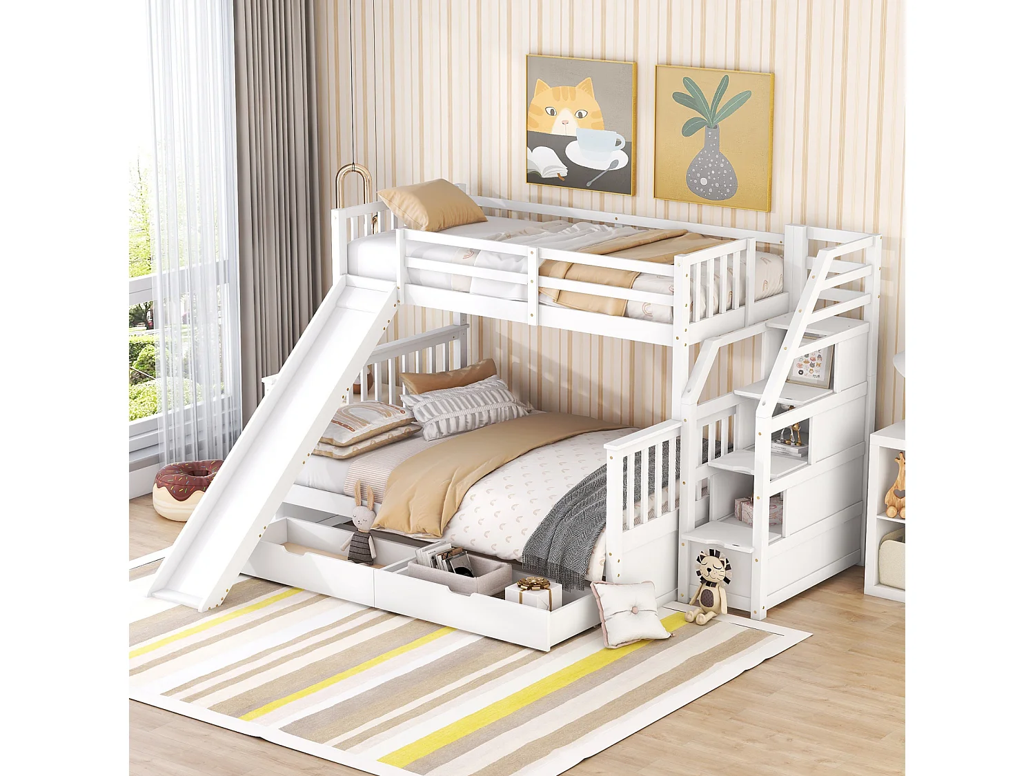 Letto a castello in legno massello - 90x200cm + 140x200cm - con scale contenitore e scivolo - Bianco
