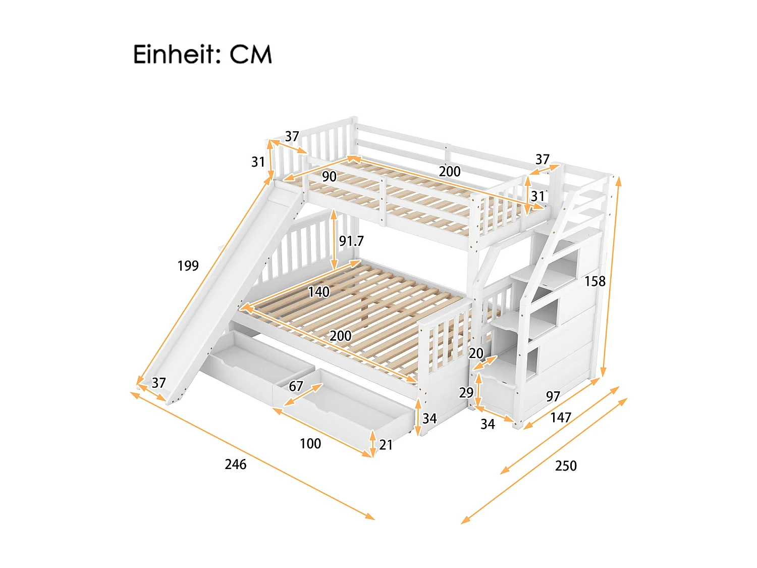 Letto a castello in legno massello - 90x200cm + 140x200cm - con scale contenitore e scivolo - Bianco