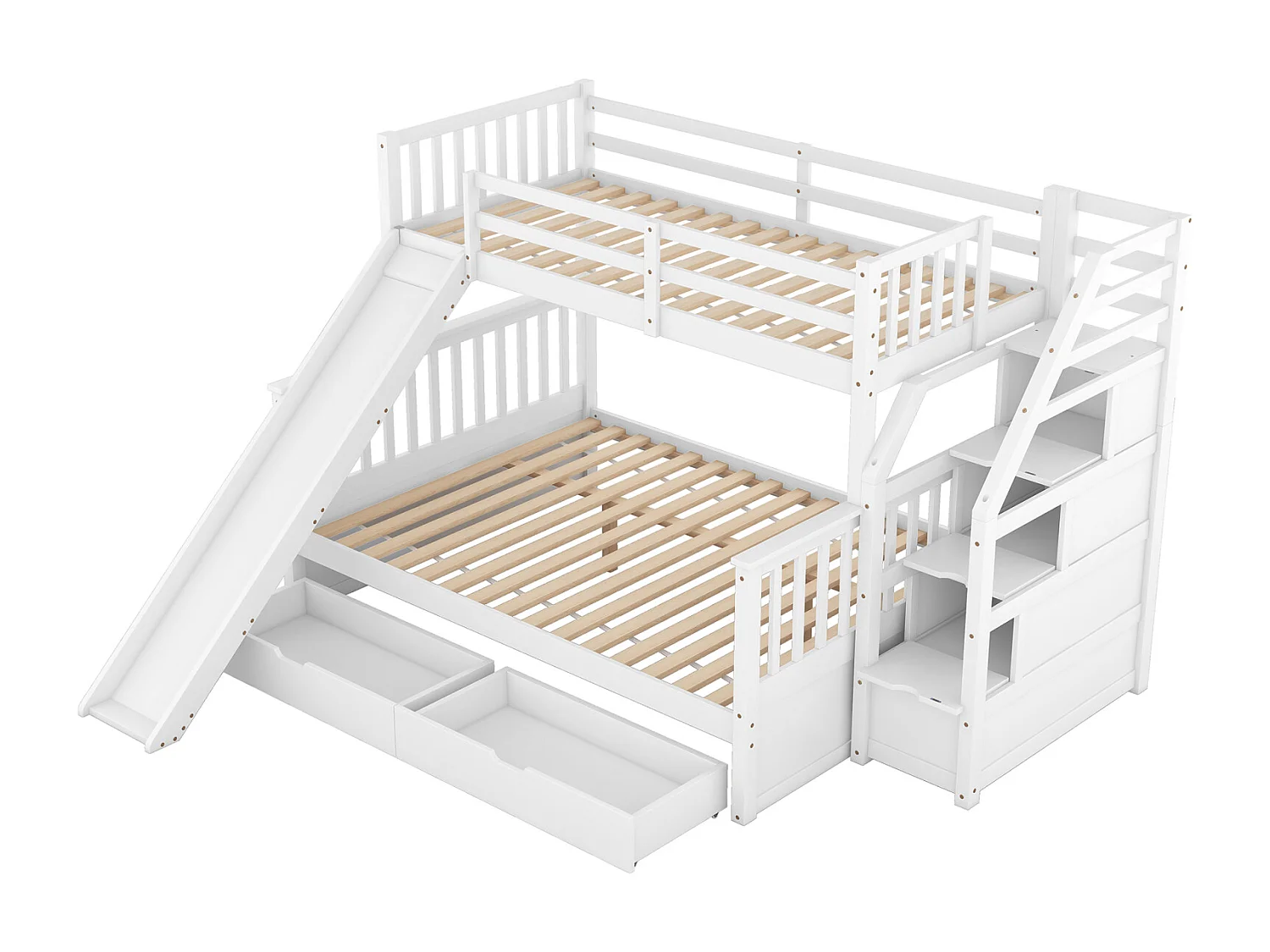 Letto a castello in legno massello - 90x200cm + 140x200cm - con scale contenitore e scivolo - Bianco