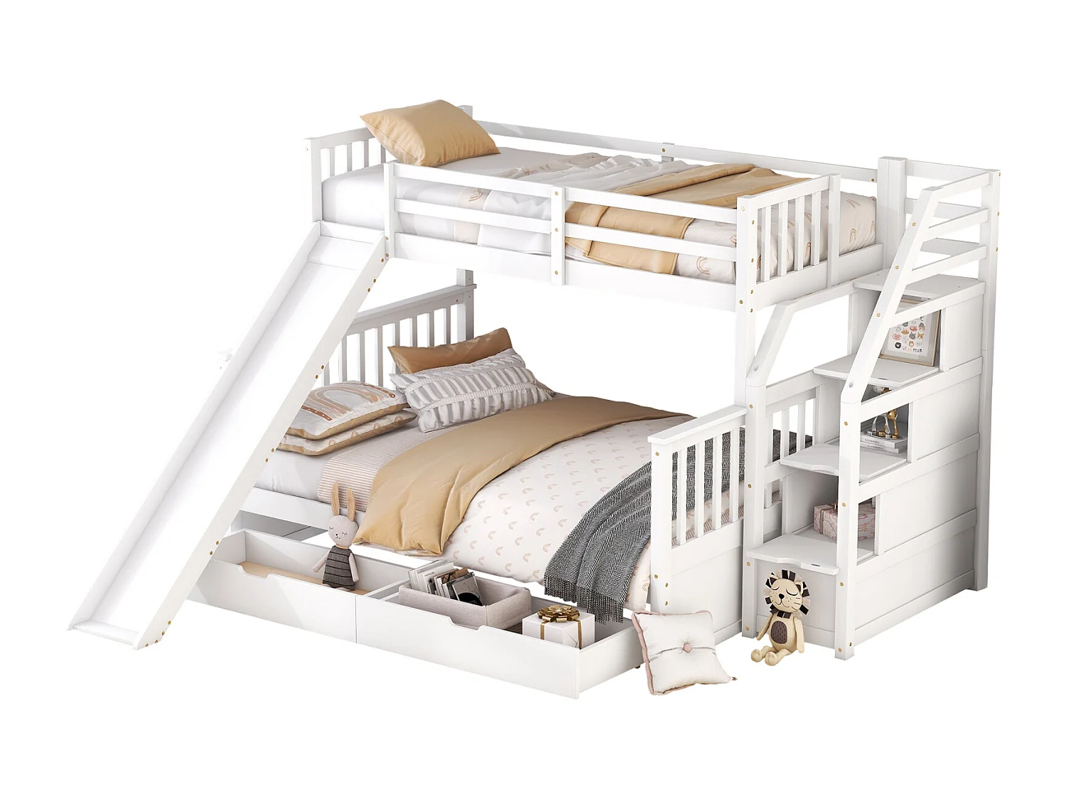 Letto a castello in legno massello - 90x200cm + 140x200cm - con scale contenitore e scivolo - Bianco