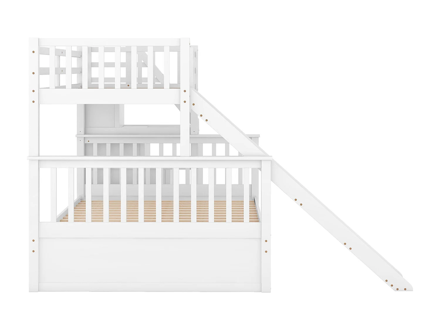 Letto a castello in legno massello - 90x200cm + 140x200cm - con scale contenitore e scivolo - Bianco