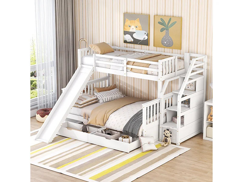 Stapelbed van massief hout - 90x200cm + 140x200cm - met opbergtrap en glijbaan - Wit