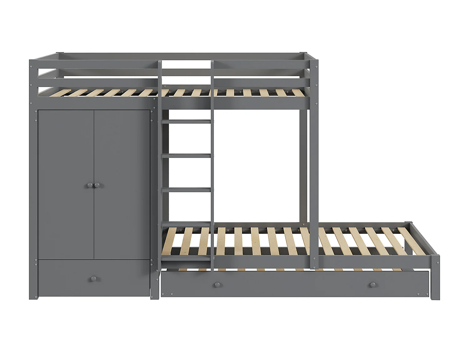 Letto a castello 90x200cm, letto per bambini con letto estraibile 90x190cm, armadio, scaletta, cassetti e vano contenitore, grigio