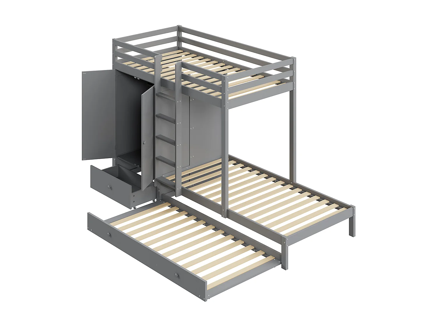 Lit superposé 90x200cm, lit enfant avec lit gigogne 90x190cm, armoire, échelle, tiroirs et compartiment de rangement, gris