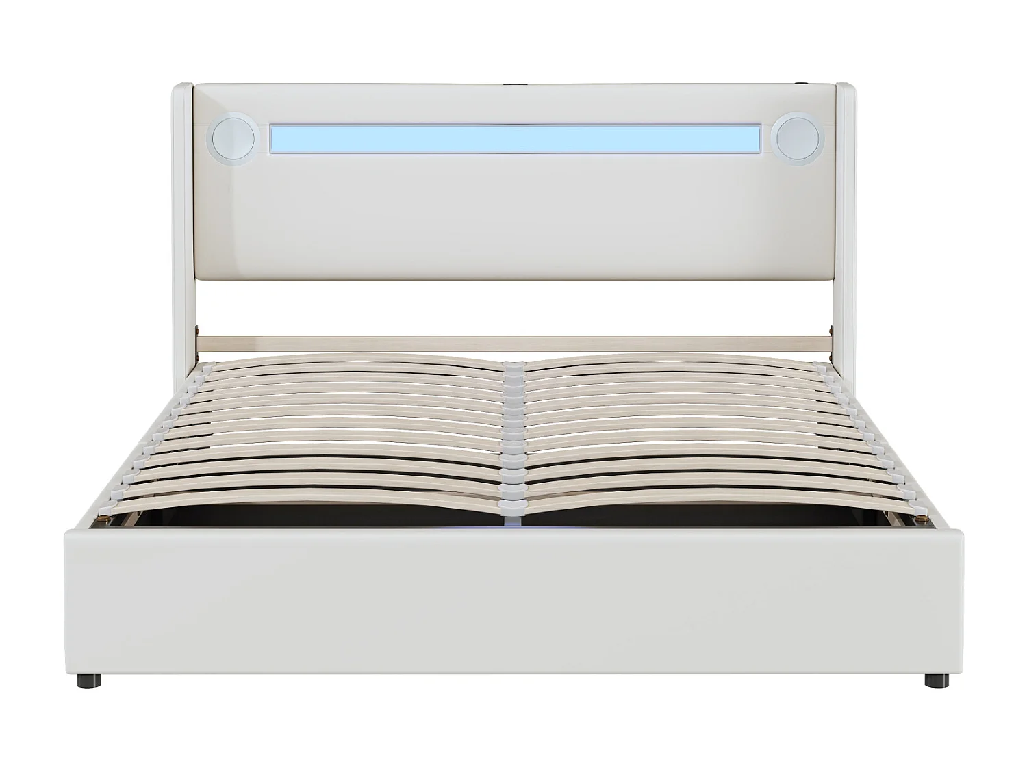 Cama de arrumação 160x200cm - Cama de casal com estrado de ripas, cabeceira LED com Bluetooth e porta USB - em pele PU branca