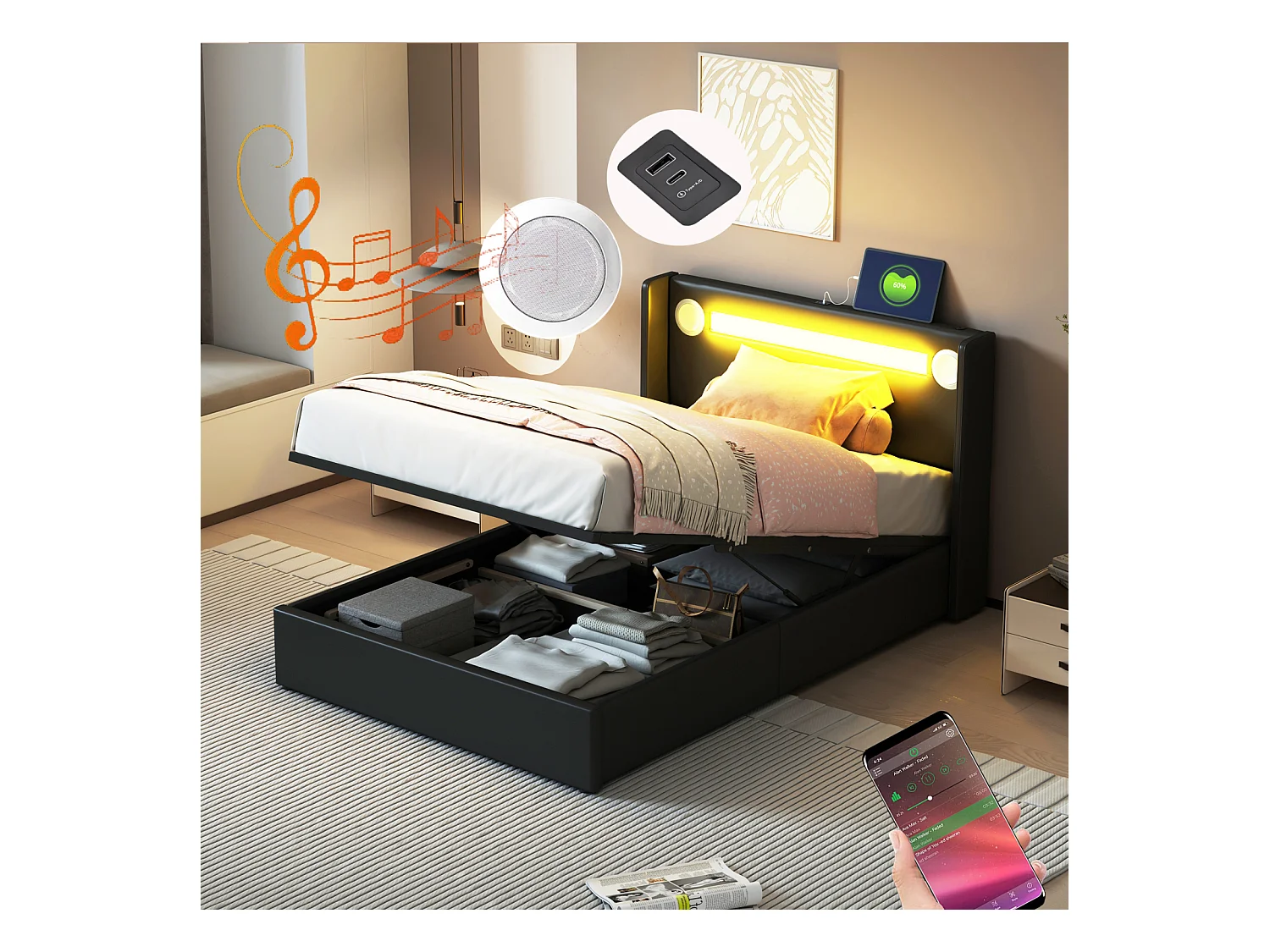 Lit coffre 90x200cm - Lit simple avec sommier à lattes, tête de lit LED avec Bluetooth et port USB - en cuir PU Noir