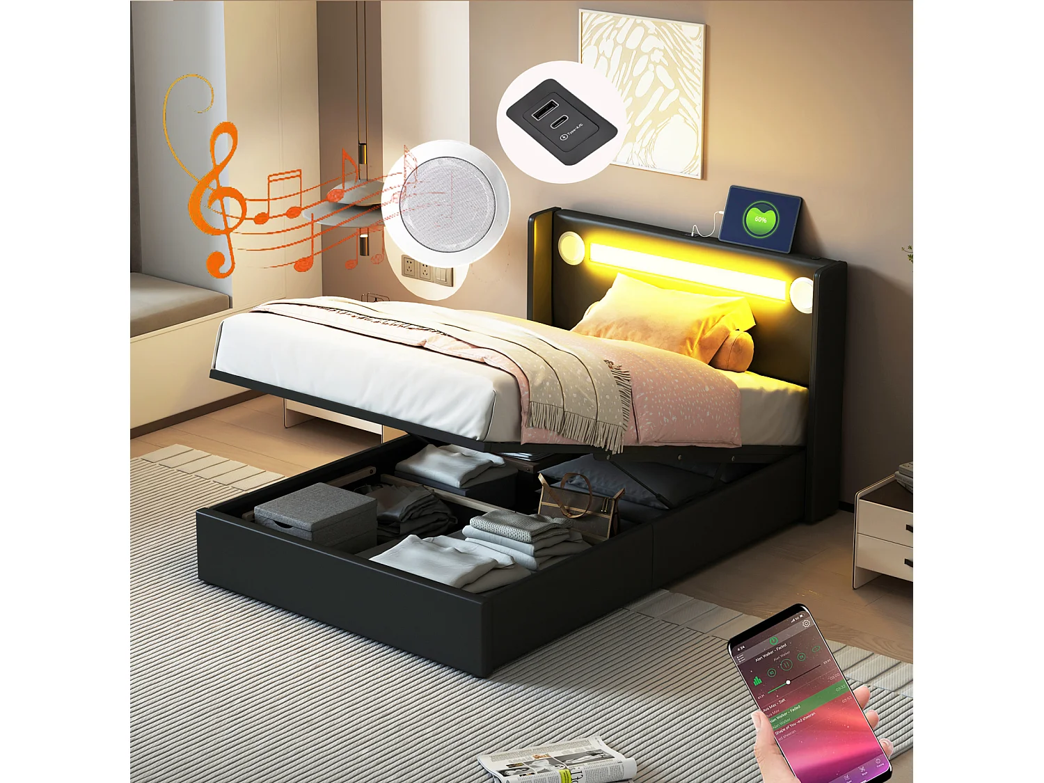 Lit coffre 90x200cm - Lit simple avec sommier à lattes, tête de lit LED avec Bluetooth et port USB - en cuir PU Noir