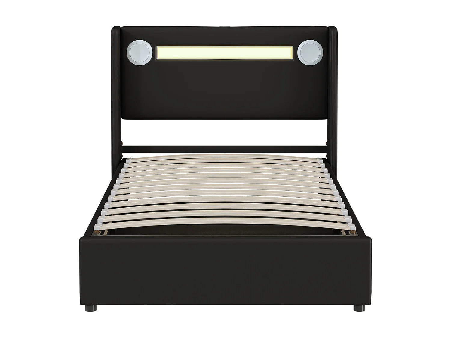 Lit coffre 90x200cm - Lit simple avec sommier à lattes, tête de lit LED avec Bluetooth et port USB - en cuir PU Noir