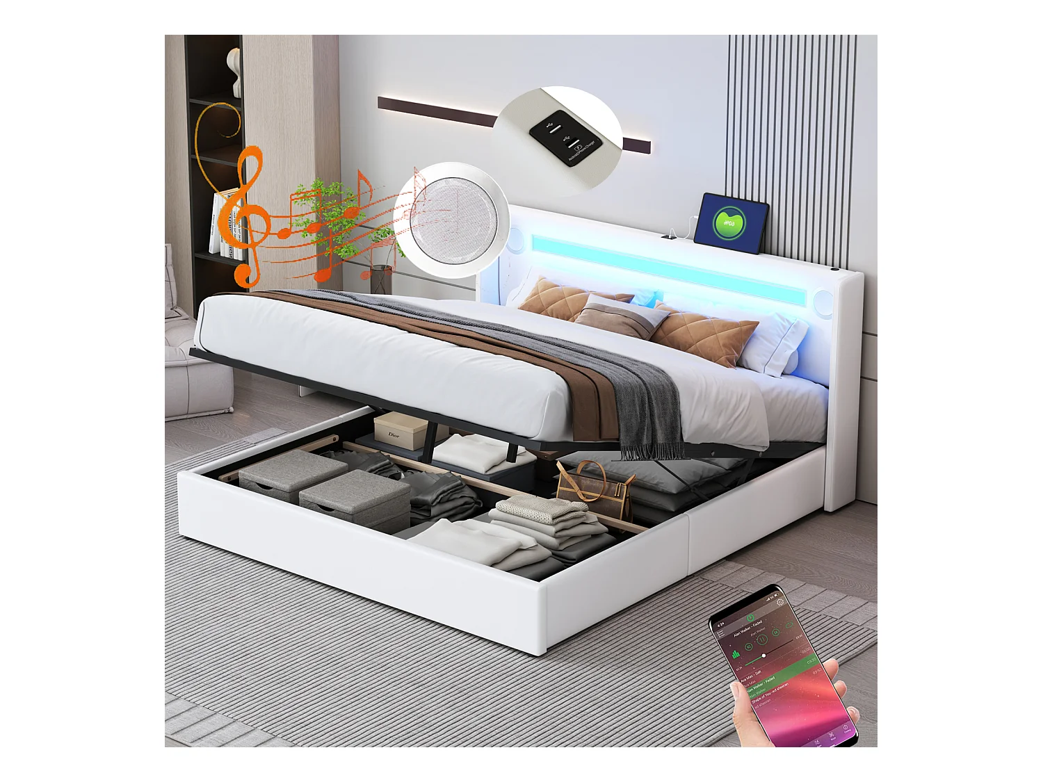 Lit coffre 140x200cm - Lit double avec sommier à lattes, tête de lit LED avec Bluetooth et port USB - en cuir PU Blanc