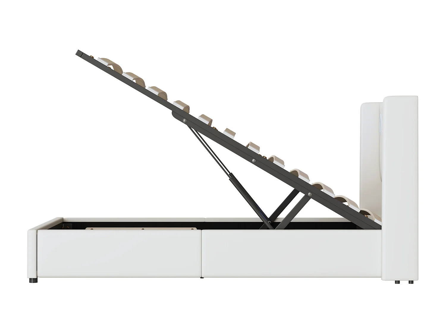 Opbergbed 90x200cm - Eenpersoonsbed met lattenbodem, LED-hoofdbord met Bluetooth en USB-aansluiting - in wit PU-leer