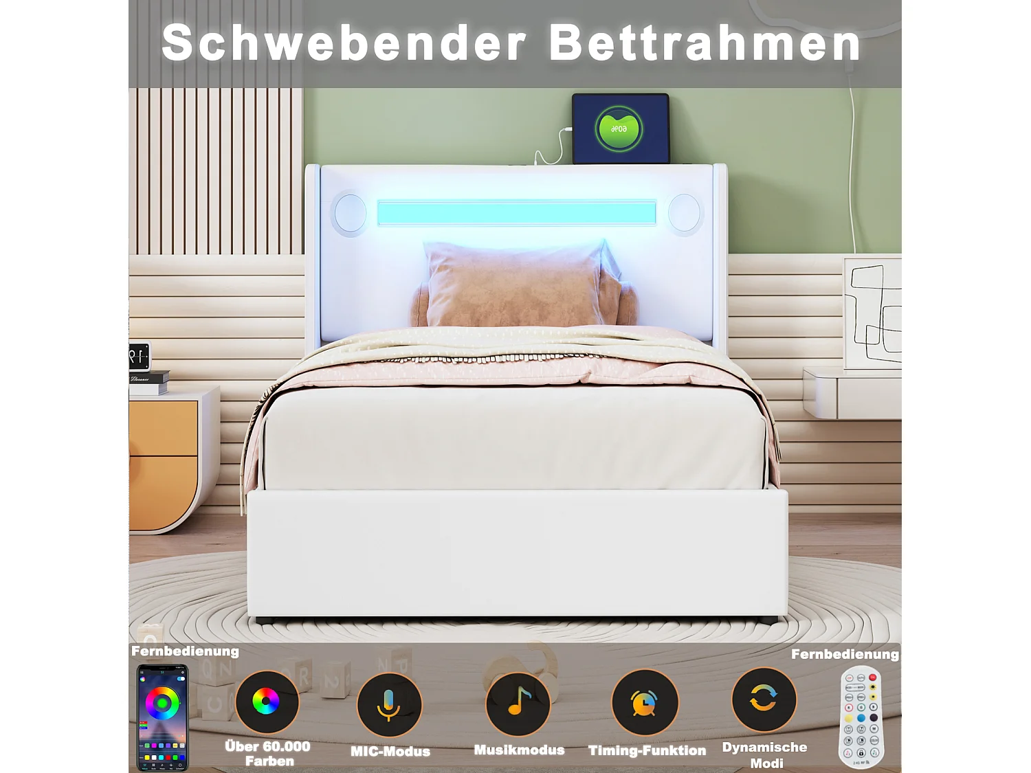 Opbergbed 90x200cm - Eenpersoonsbed met lattenbodem, LED-hoofdbord met Bluetooth en USB-aansluiting - in wit PU-leer