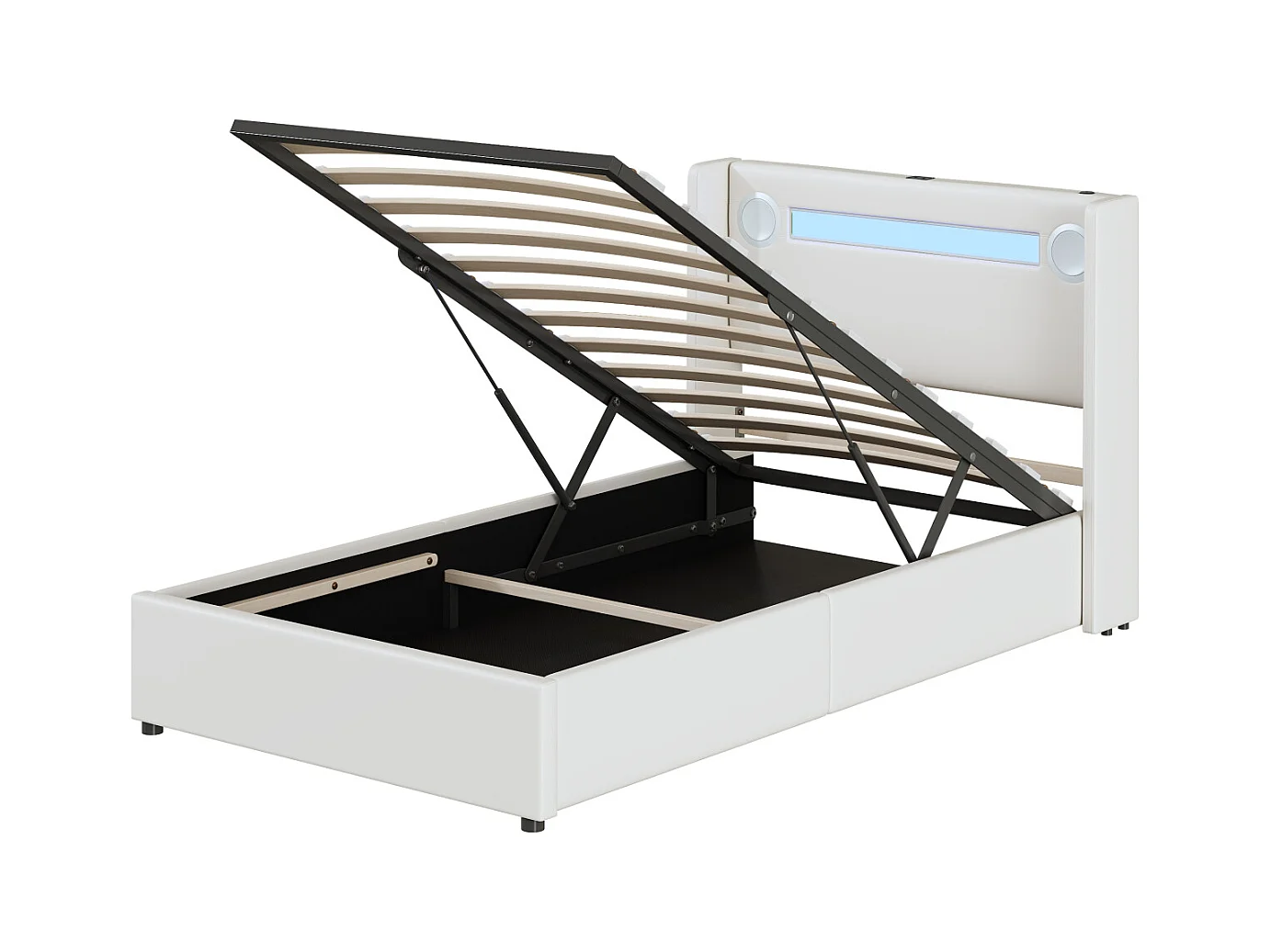 Lit coffre 90x200cm - Lit simple avec sommier à lattes, tête de lit LED avec Bluetooth et port USB - en cuir PU Blanc