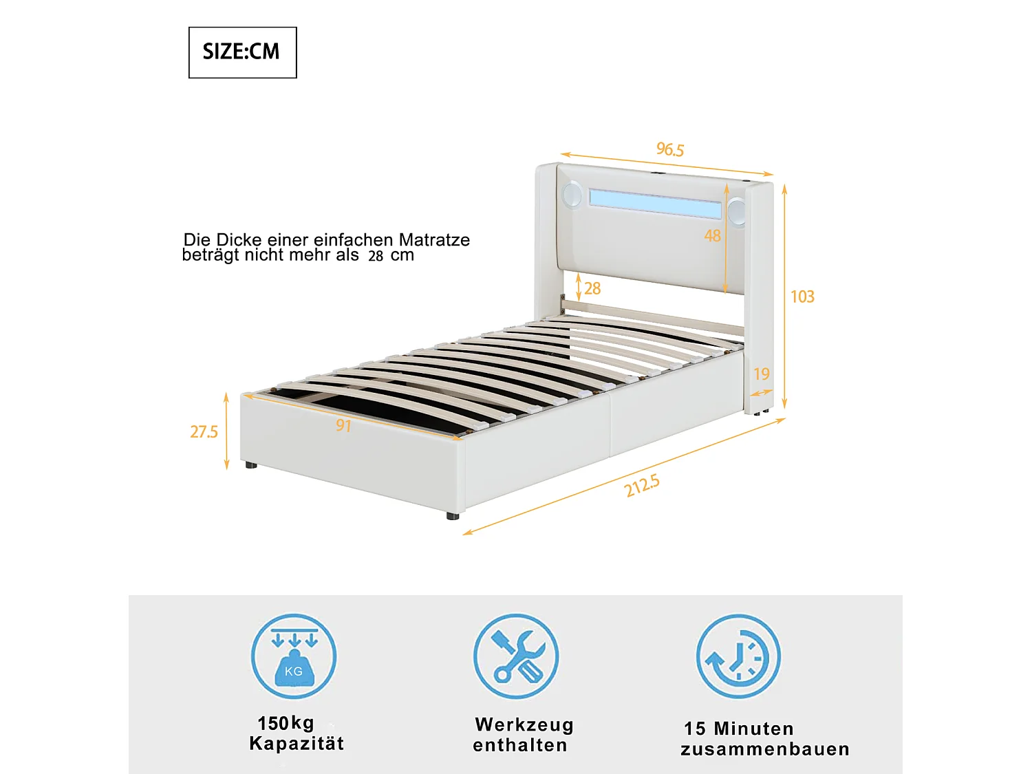 Lit coffre 90x200cm - Lit simple avec sommier à lattes, tête de lit LED avec Bluetooth et port USB - en cuir PU Blanc
