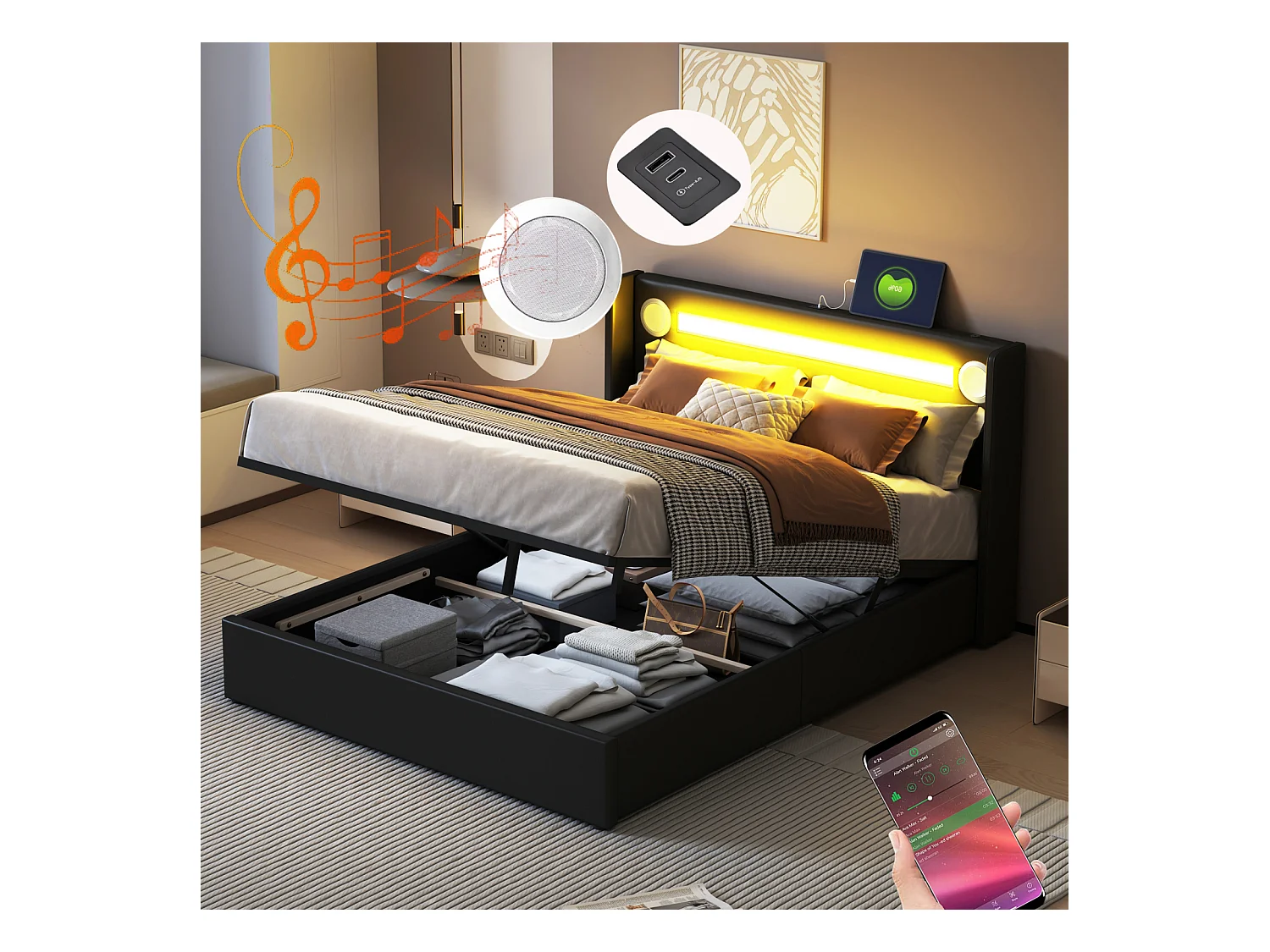Lit coffre 140x200cm - Lit double avec sommier à lattes, tête de lit LED avec Bluetooth et port USB - en cuir PU Noir