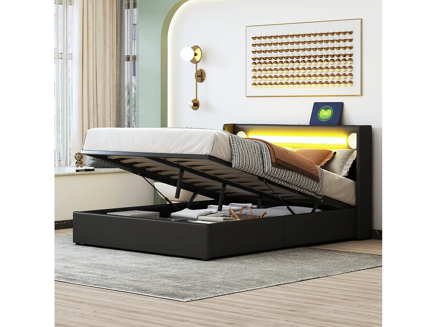 Cama de arrumação 140x200cm - Cama de casal com estrado de ripas, cabeceira LED com Bluetooth e porta USB - em pele PU preta
