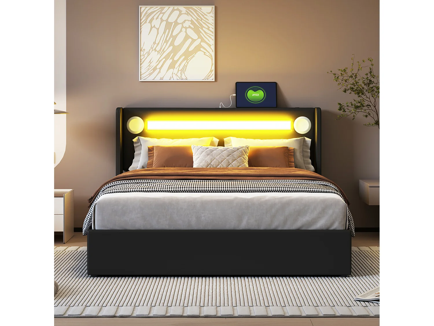Cama de arrumação 140x200cm - Cama de casal com estrado de ripas, cabeceira LED com Bluetooth e porta USB - em pele PU preta