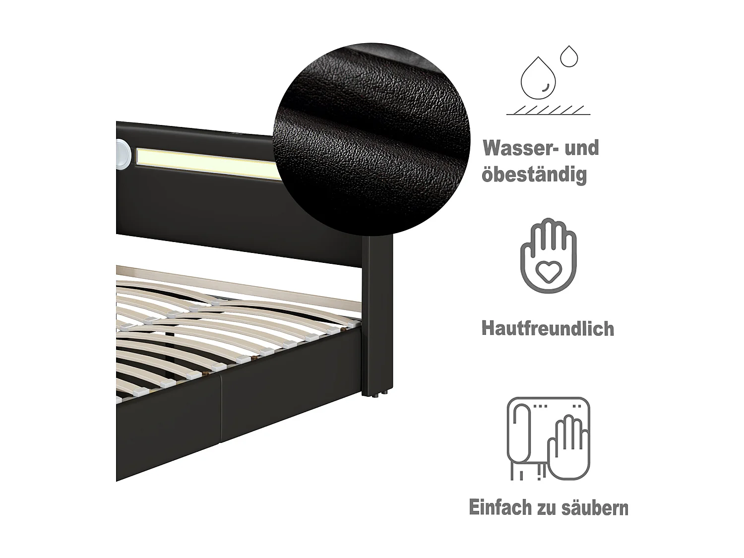 Cama de arrumação 140x200cm - Cama de casal com estrado de ripas, cabeceira LED com Bluetooth e porta USB - em pele PU preta