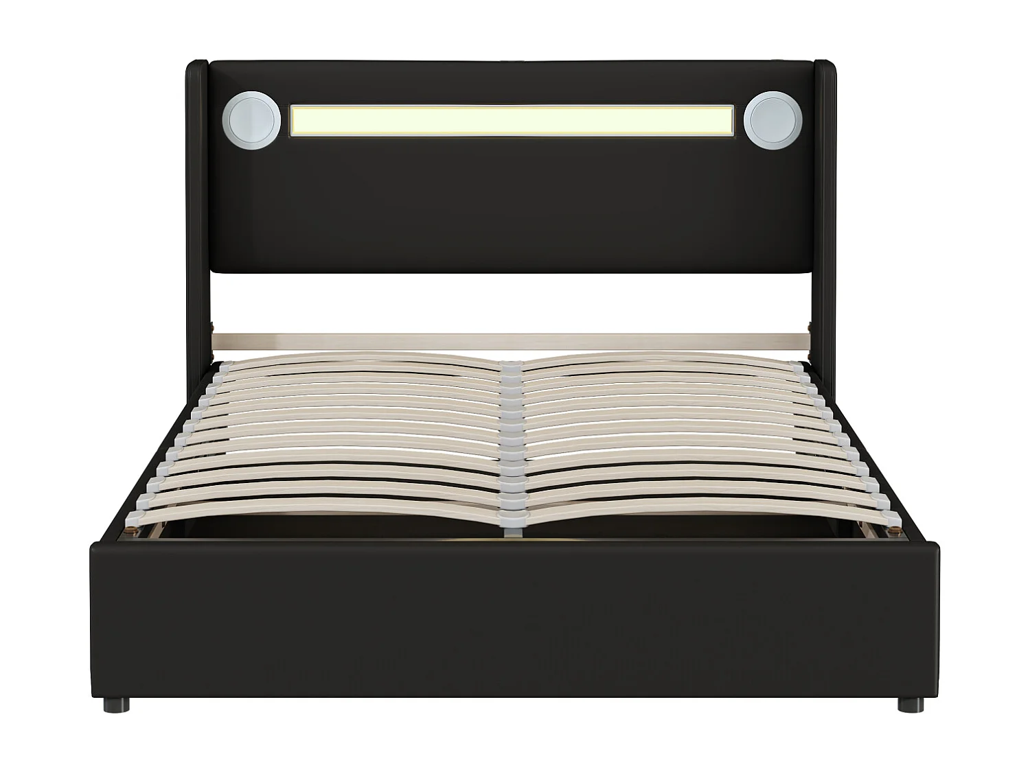 Cama de arrumação 140x200cm - Cama de casal com estrado de ripas, cabeceira LED com Bluetooth e porta USB - em pele PU preta