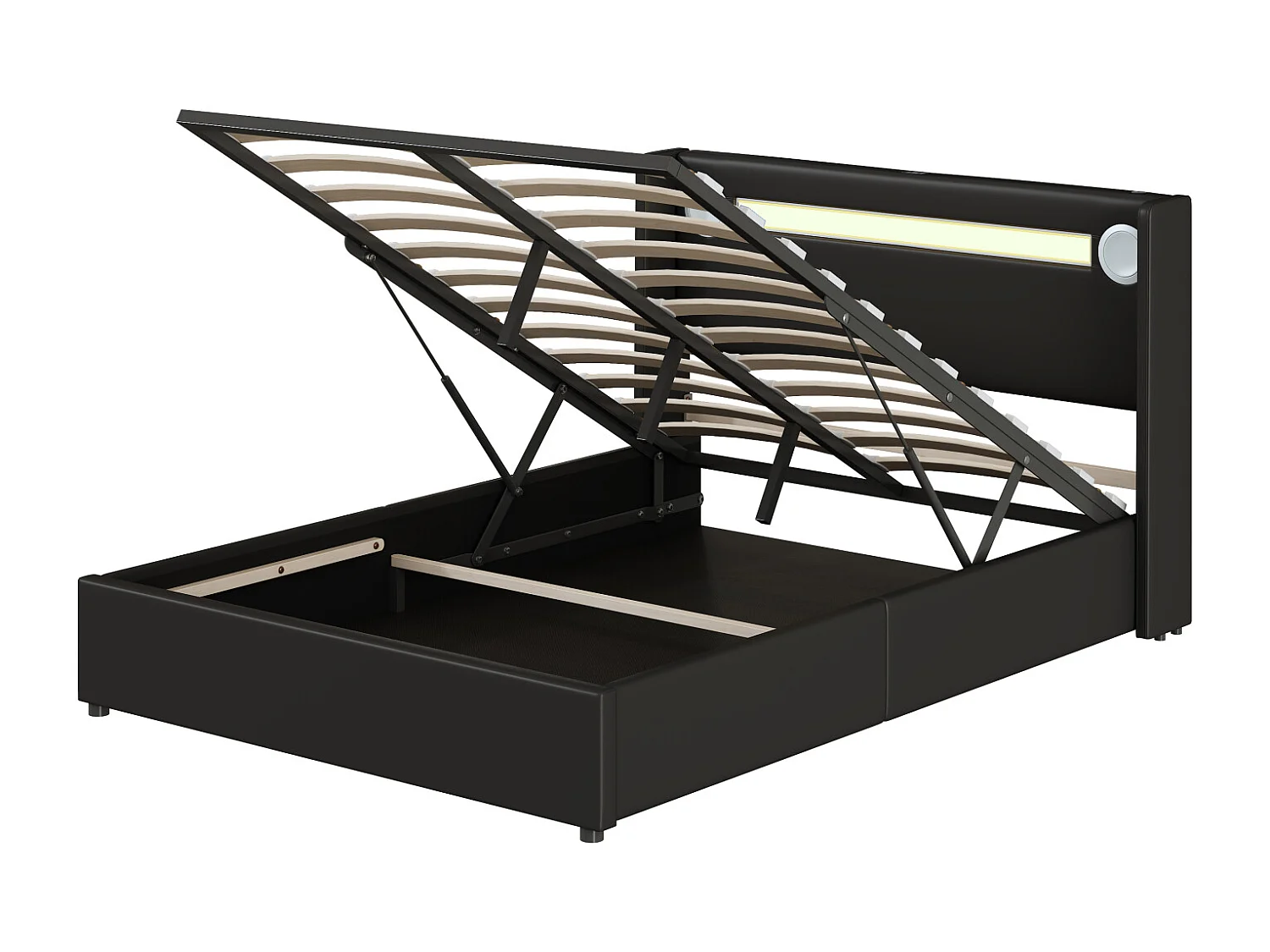 Cama de arrumação 140x200cm - Cama de casal com estrado de ripas, cabeceira LED com Bluetooth e porta USB - em pele PU preta