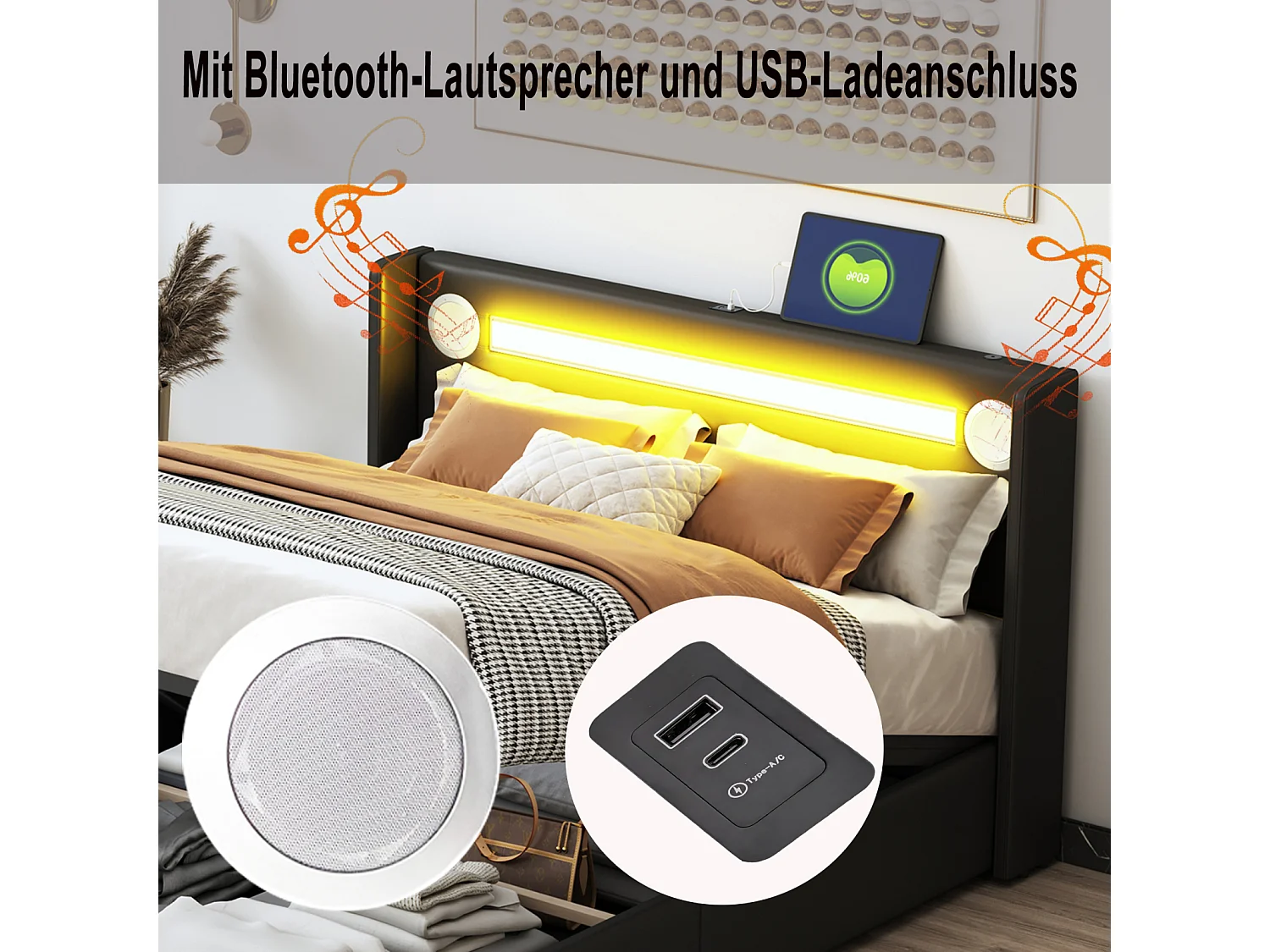 Cama de arrumação 140x200cm - Cama de casal com estrado de ripas, cabeceira LED com Bluetooth e porta USB - em pele PU preta