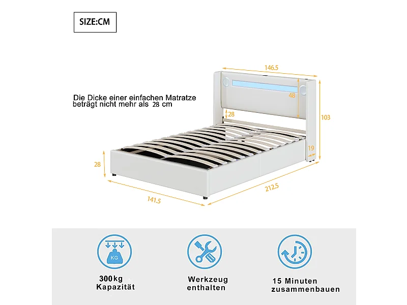 Stauraumbett 160x200cm - Doppelbett mit Lattenrost, LED-Kopfteil mit Bluetooth und USB-Anschluss - in schwarzem PU-Leder