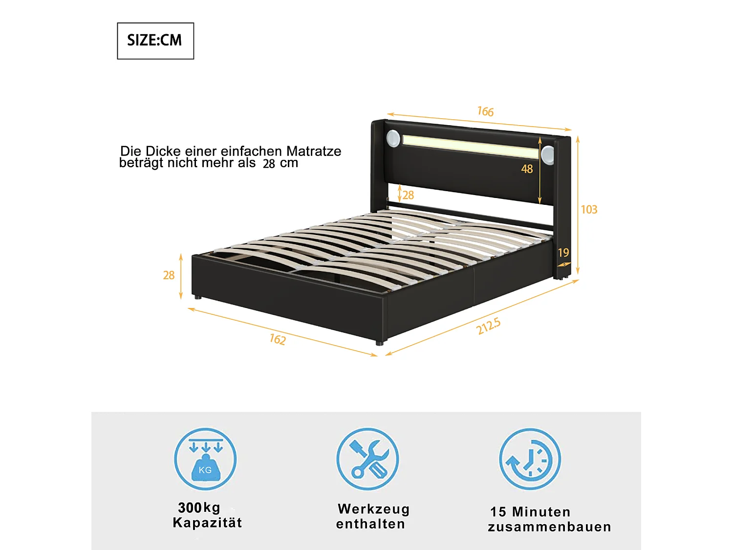 Cama de arrumação 160x200cm - Cama de casal com estrado de ripas, cabeceira LED com Bluetooth e porta USB - em pele PU preta