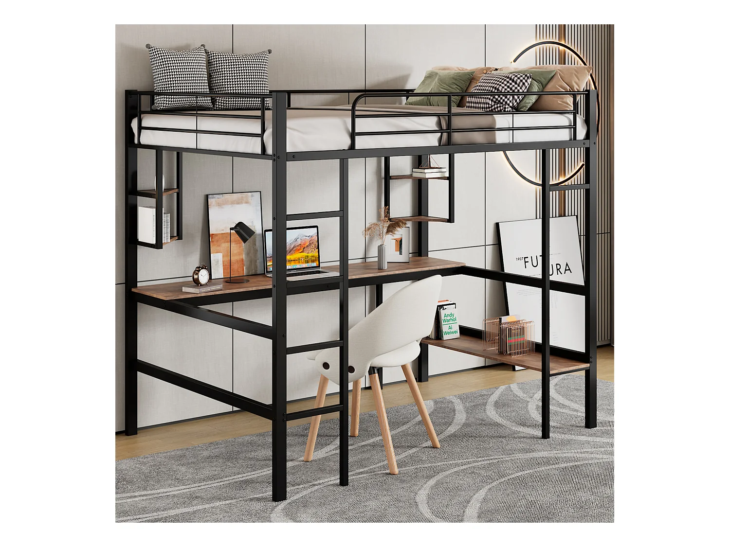 Lit mezzanine 90x200cm, cadre en métal, lit surélevé avec échelle, bureau et 4 petite étagères de coins pour enfants, adolescents, noir